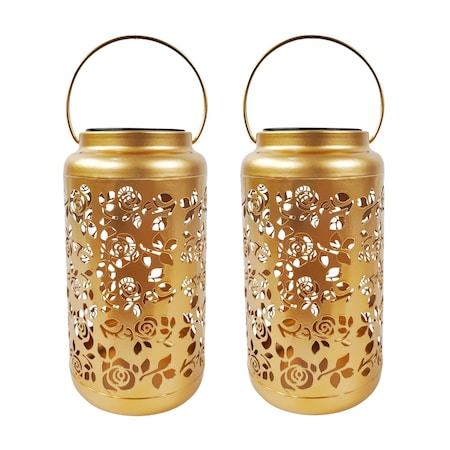 Bliss Outdoors Set Of 2 Solar LED Lanterns W Rose Design  Hand Painted Finish